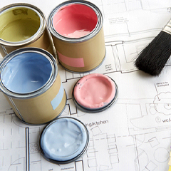 paint cans brushes colors