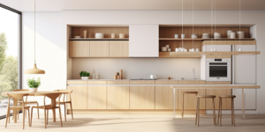 a modern kitchen filled with white appliances